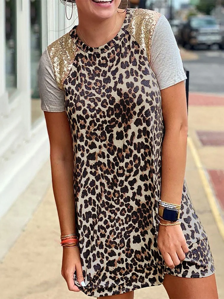 Leopard-Print Paneled Sequined Mini Dress