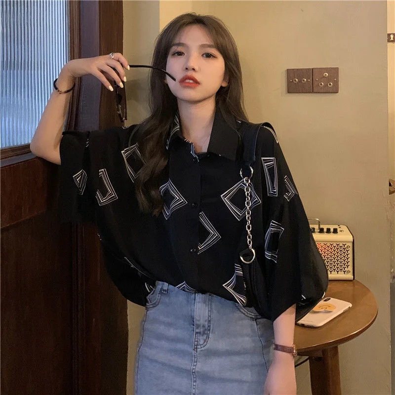 Blouses Shirts Women Short Sleeve Print Harajuku Loose Summer Thin Chiffon Streetwear Retro Womens Students Chic Fashion Ulzzang