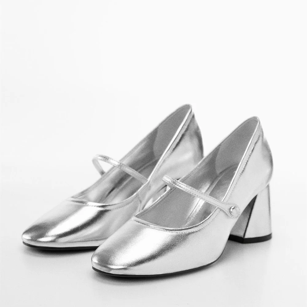 Silver Vegan Leather  Closed Round Toe Mary Jane Shoes With Low Chunky Heels Nicepairs