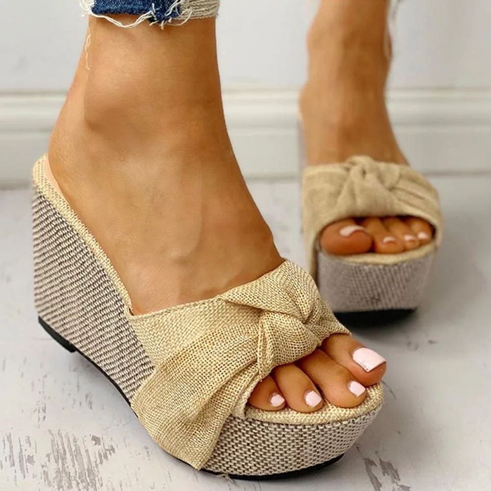 Bow Tied Slip on Leisure Platform Summer Sandals 2020 Wedges High Heels Women Shoes Woman Mules Flip Flops