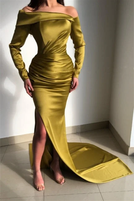 Hellodresses Elegant Long Sleeves Off the Shoulder Pleated Mermaid Prom Dress With Split