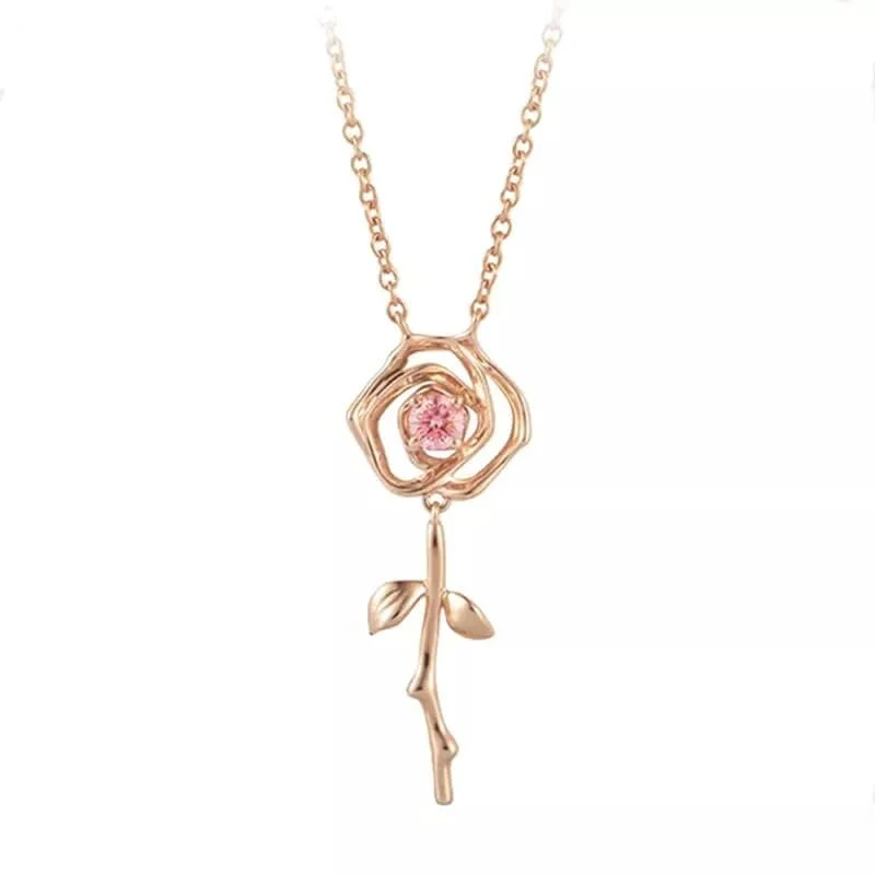Elegant Pink Crystal English Rose Necklace