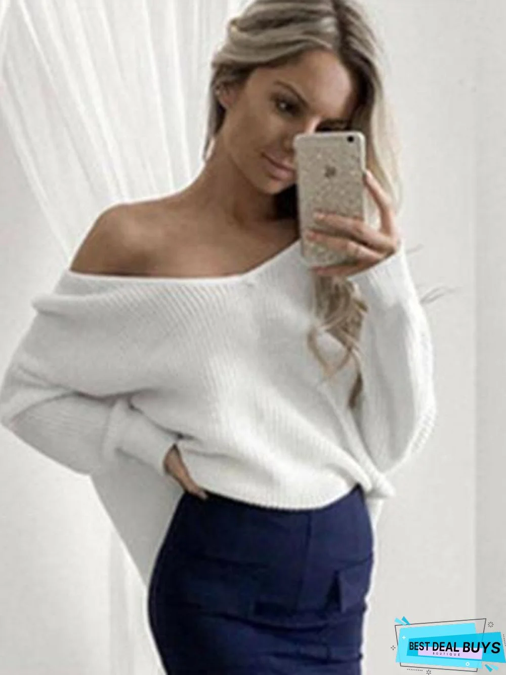Solid Color Asymmetric V-neck Loose Sweater Tops