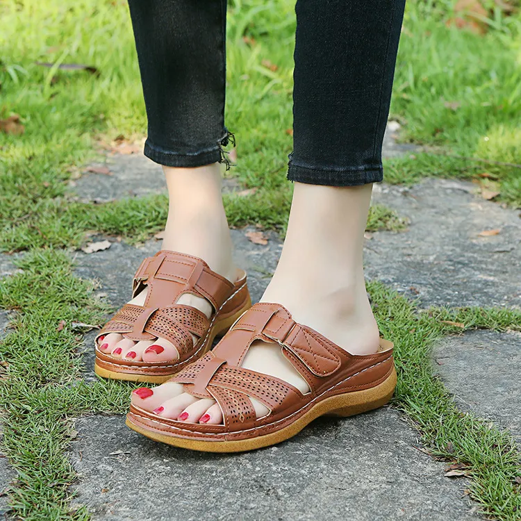 Breakj Breakj Women's Slippers Summer Large-Size Slope Heel Sandals Hollow Cross Lady Explosion