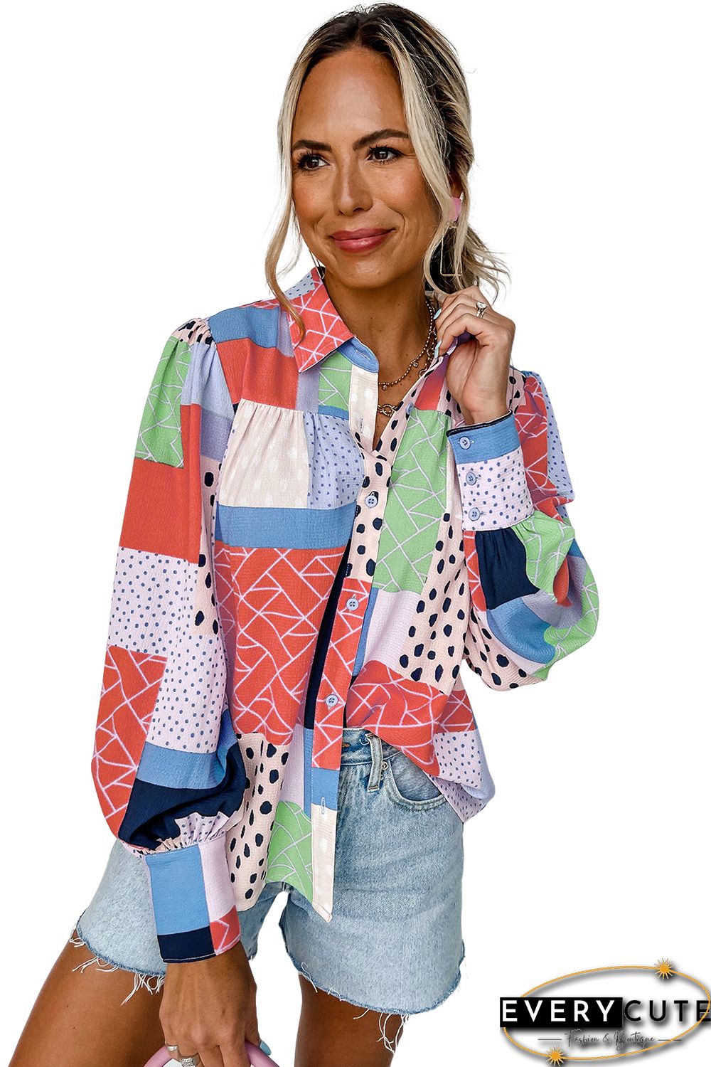 Orange Multicolor Mixed Print Button Front Cuffed Sleeve Shirt