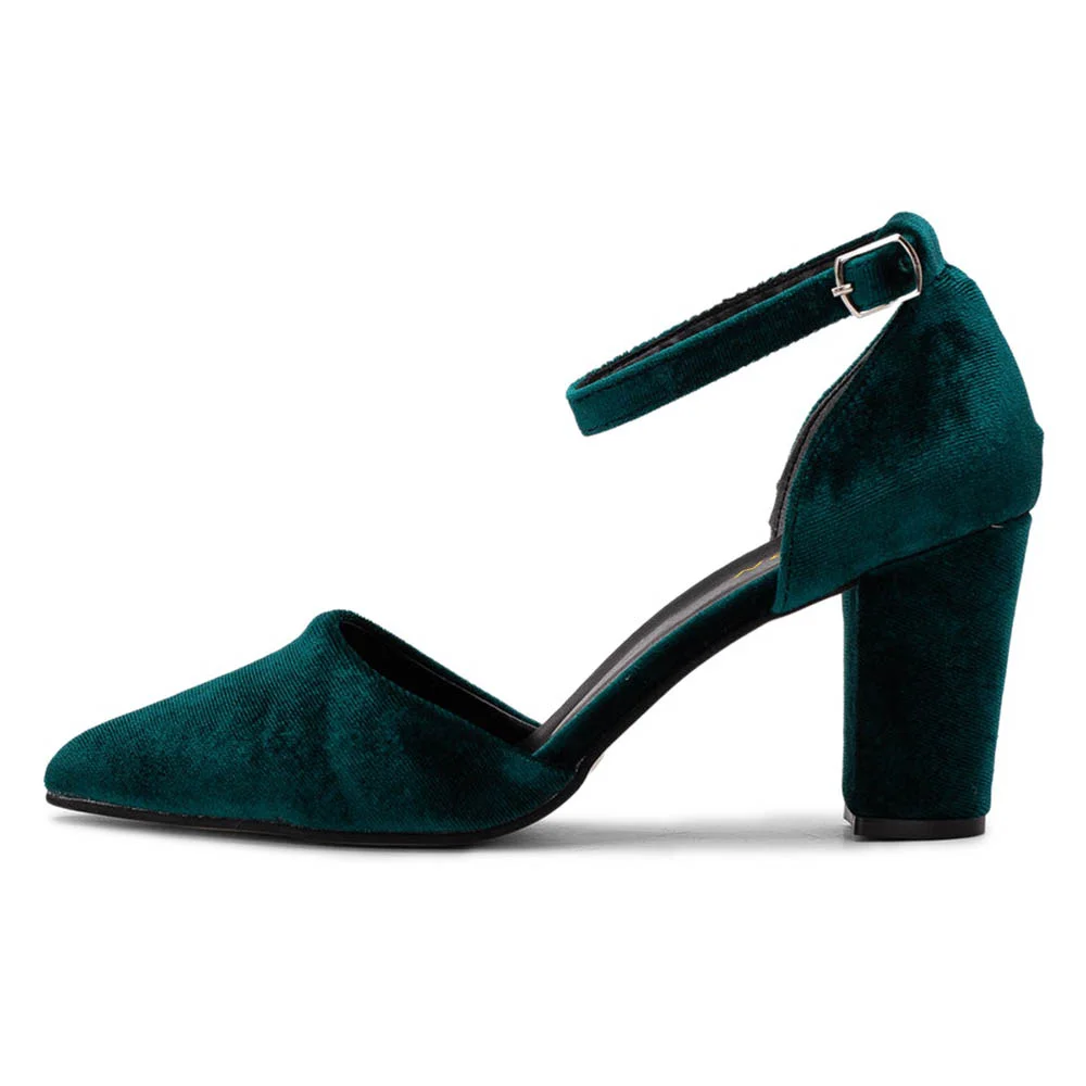 Teal Velvet Pointed Toe Ankle Strap Elegant Block Heel Pumps