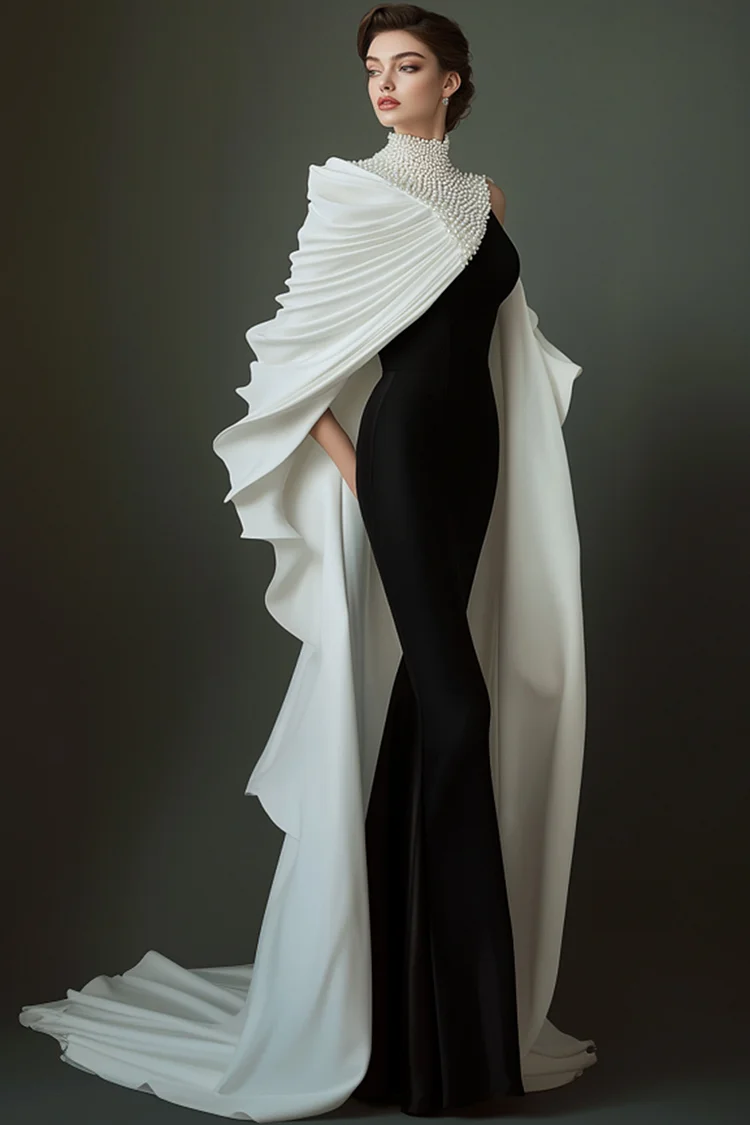 High Neck Pearl Pleated Cape Sleeve Maxi Dress-Black White [Custom-Made]