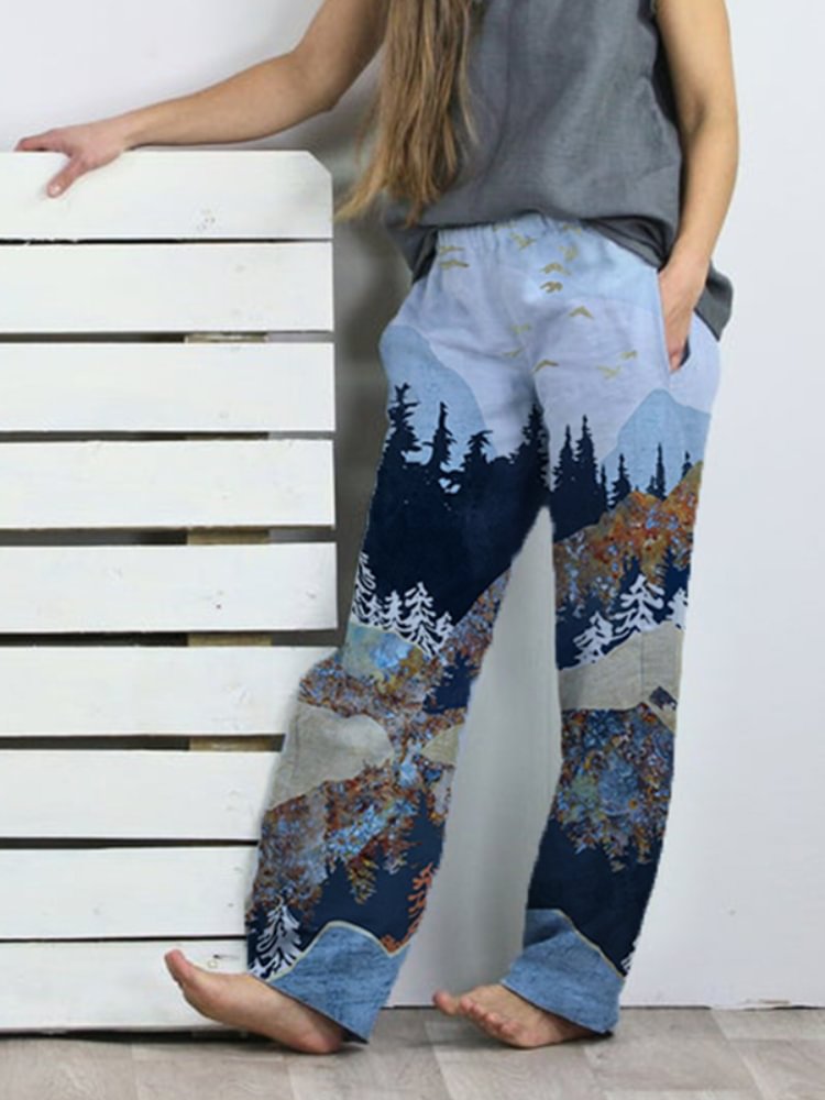 Landscape Art Series Printed Elastic Waist Casual Pants