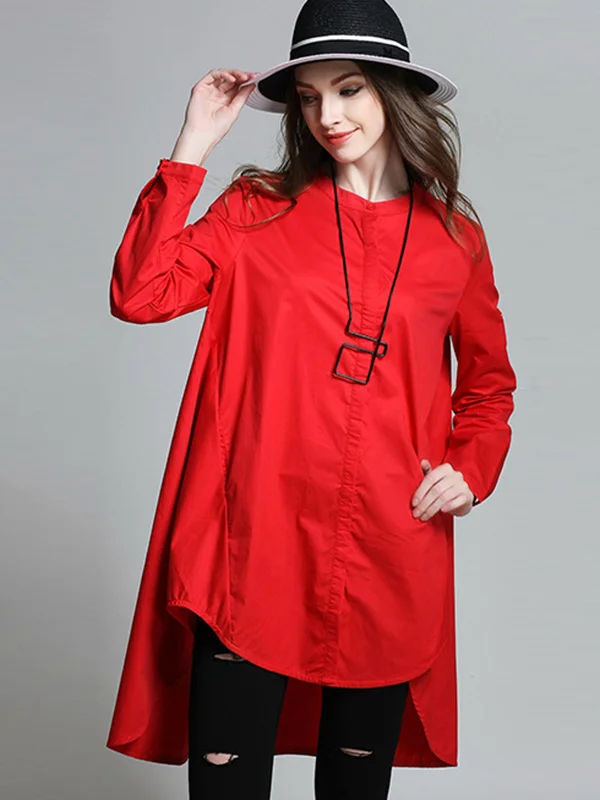 Casual Roomy High-Low Buttoned Stand Collar Long Sleeves Blouse