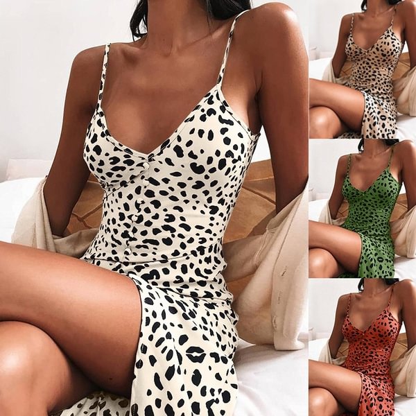 New Women Fashion Summer Sleeveless Animal Print Bodycon Cami Dress Spaghetti Strap V-neck Leopard Short Dress Plus Size Beach Sundress Casual Party Dress - BlackFridayBuys