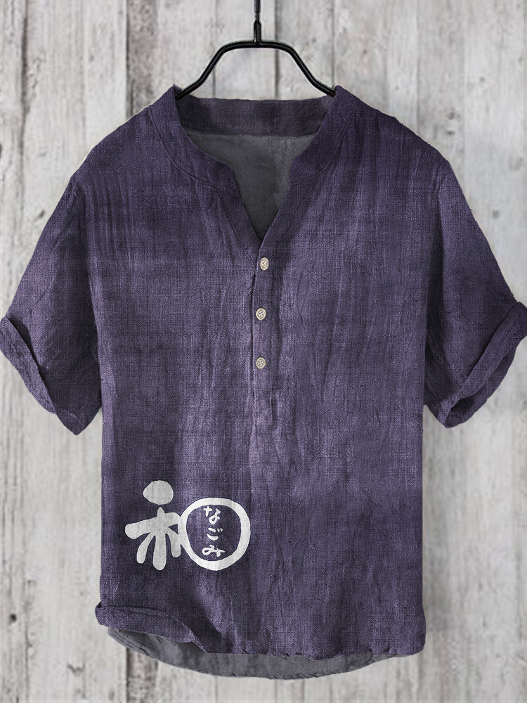 Japanese Word Art Linen V-Neck Shirt wearshes