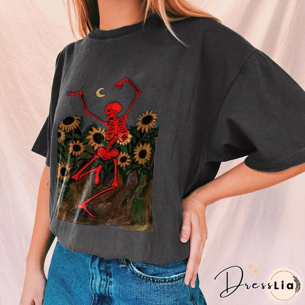 Vintage Round Neck Short Sleeve Loose Printed Tee