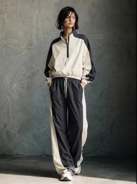 Women's Sporty Ivory Black Color-Block Half-Zip Wide-Leg Pants Set MD