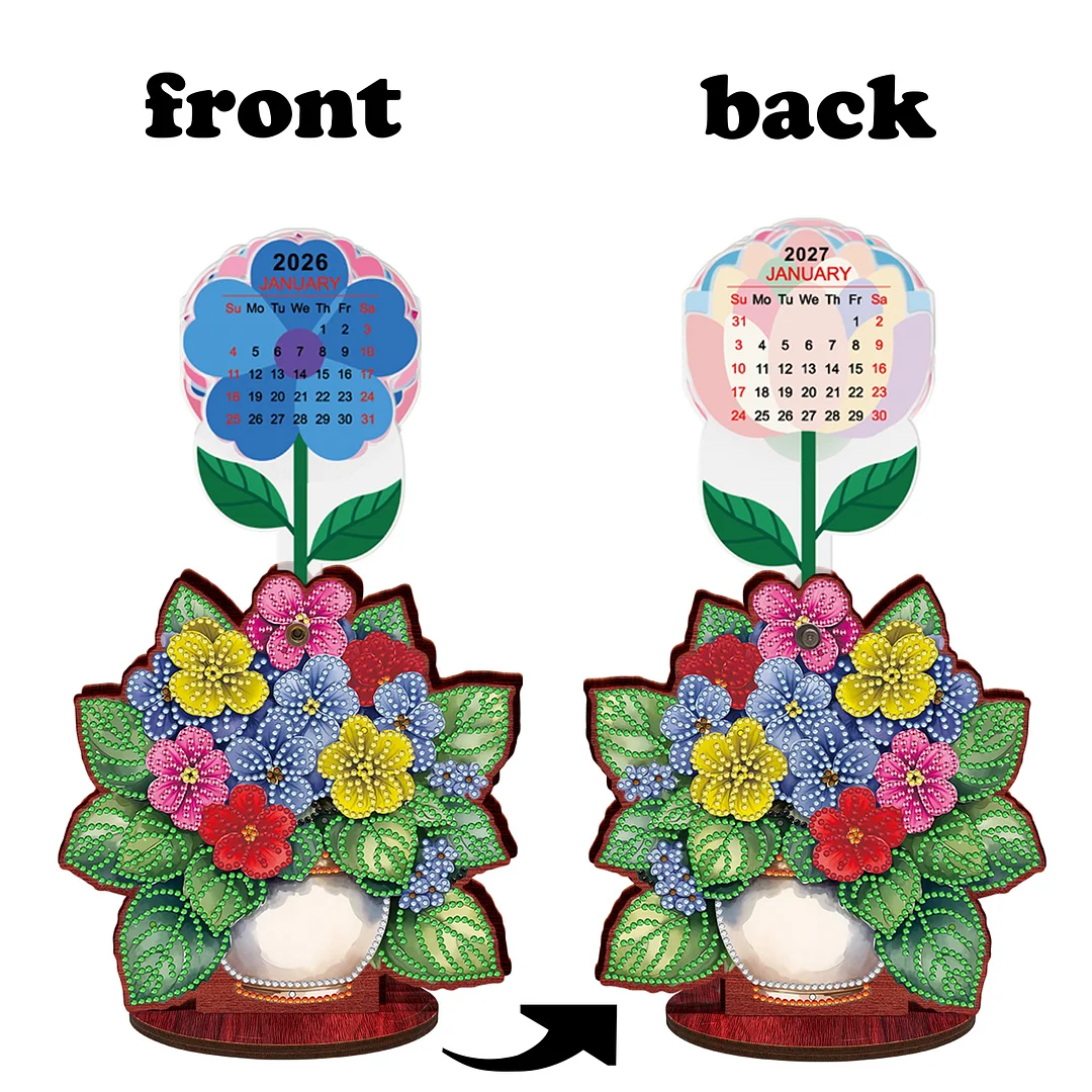 2026 Calendar DIY Diamond Art Kit Flower Pot Wooden Diamond Painting Calendar