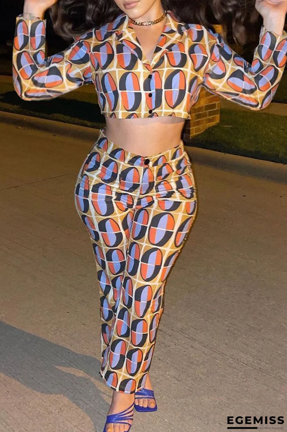 Multicolor Casual Print Patchwork Buckle Turndown Collar Long Sleeve Two Pieces | EGEMISS