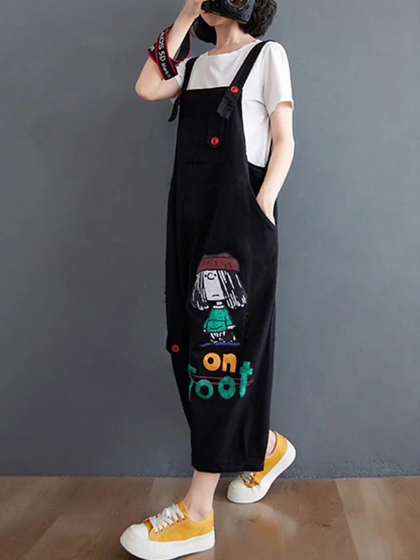 Charming Cartoon-Printed Puff Denim Overalls for a Playful Look