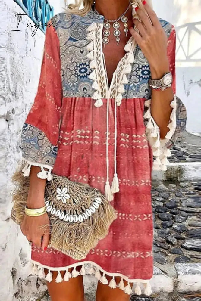 Ingvn - Casual Vintage Print Tassel V Neck A Line Dresses Red / S Dresses/Boho