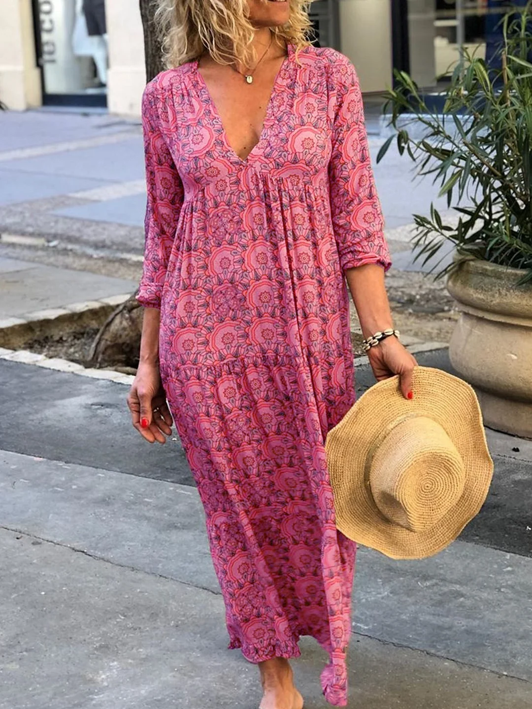 V Neck Boho Floral-Print Summer Dress