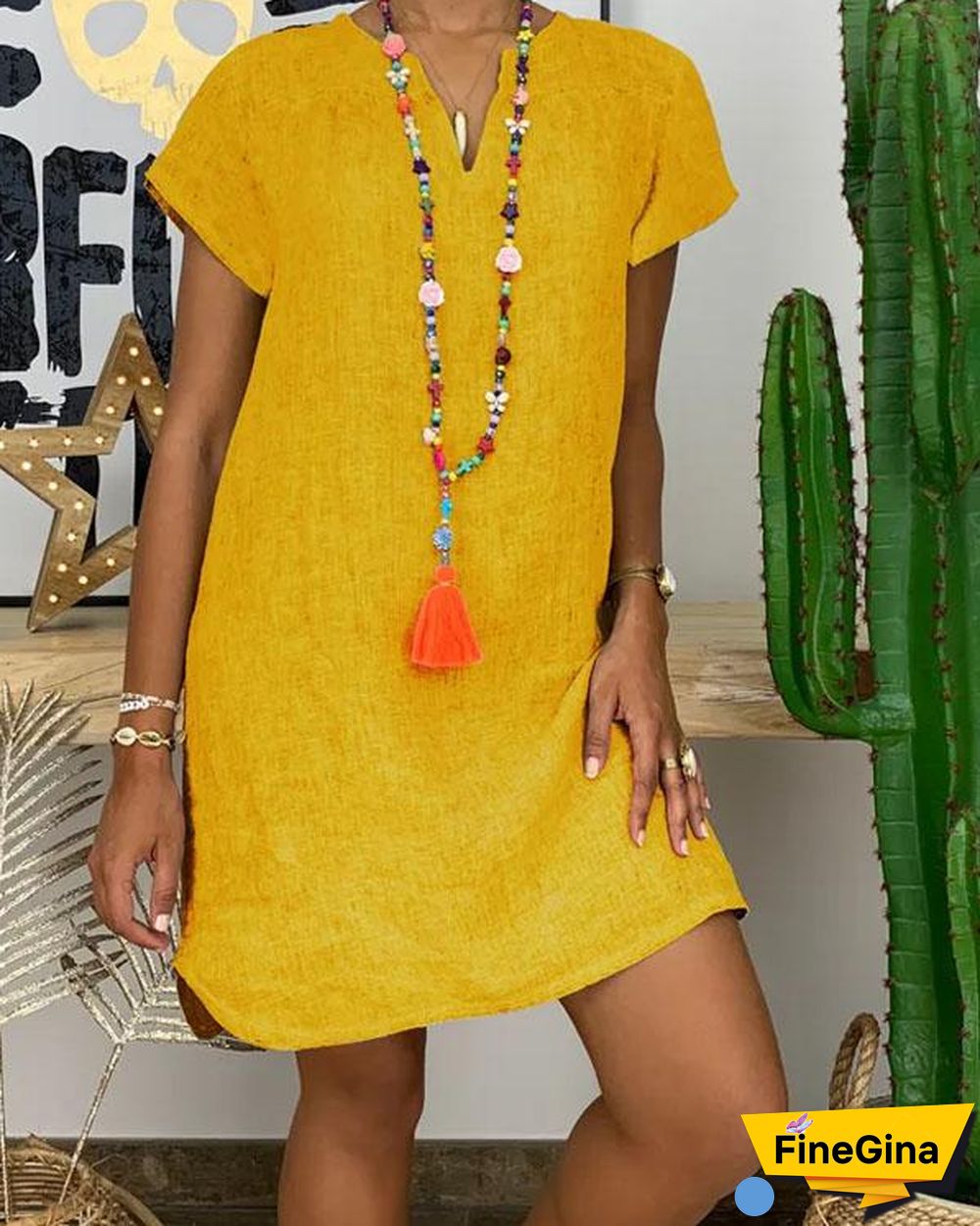 Simple V Neck Linen Mini Dress