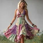 Vintage Cottage Floral Patchwork Flowy Linen Dress - Image 2