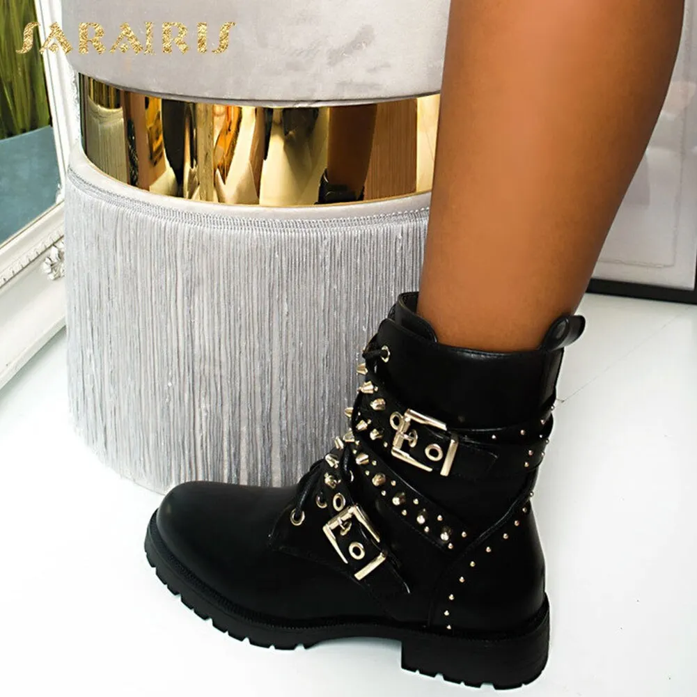 On Sale Brand New 2020 Fashion Rivets Square Heels Ankle Boots Customized Shoes Women Motorcycles Boots