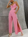 Spaghetti-Neck Ruffled Top+High-Waisted Split-Side Wide Leg Pants Two-Piece Suits