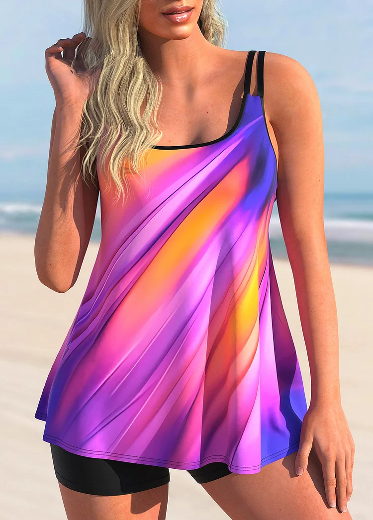 Double Strap Colorful Print Tankini Top Swimsuit