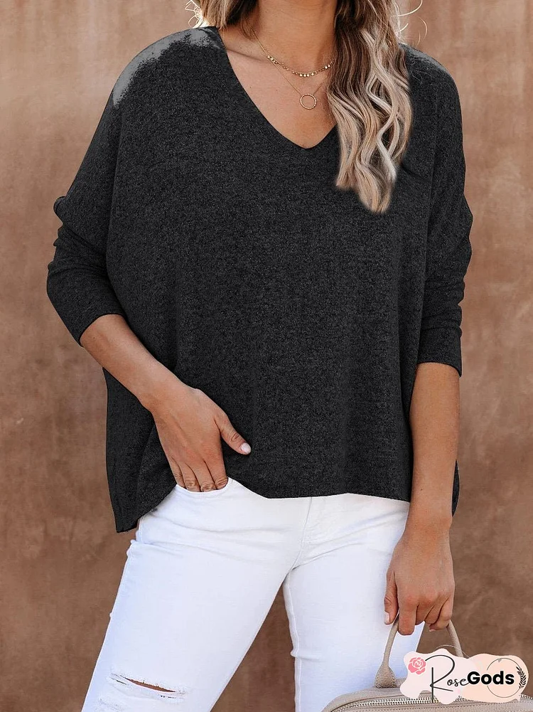 T-Shirts Solid Wool Fleece Bat Sleeve V-Neck Pullover T-Shirts for Women