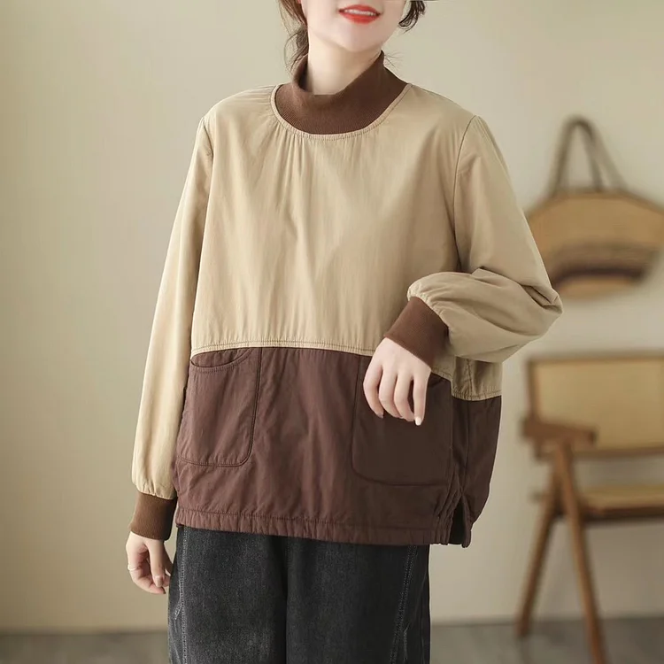 Casual Color Blocking High Collar Cotton Sweatshirt - yankia