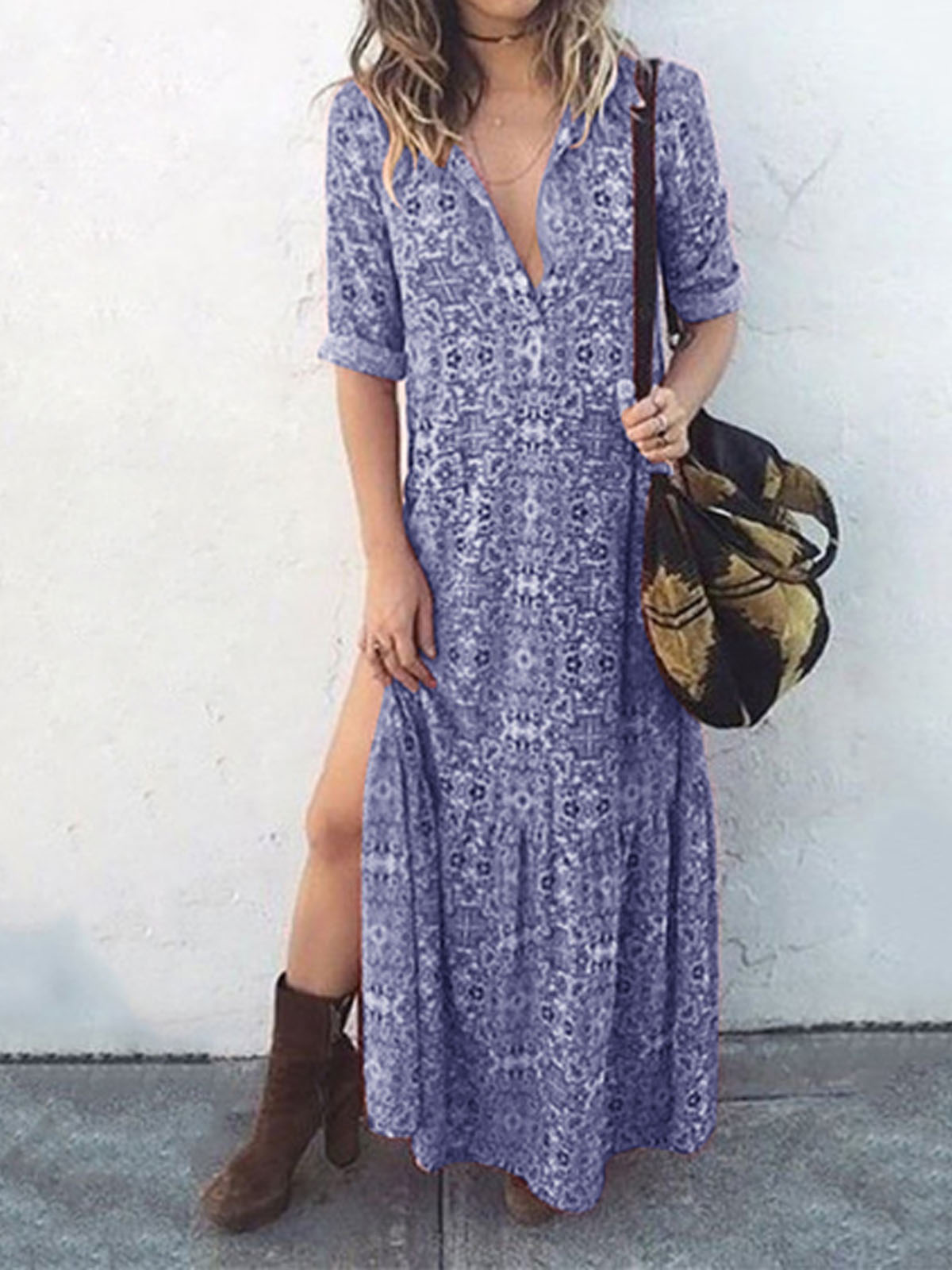Grey Leaves Print V-neck Short Sleeve Slit Flowy Bohemian Maxi Dress - Maxi Dresses - Dresses