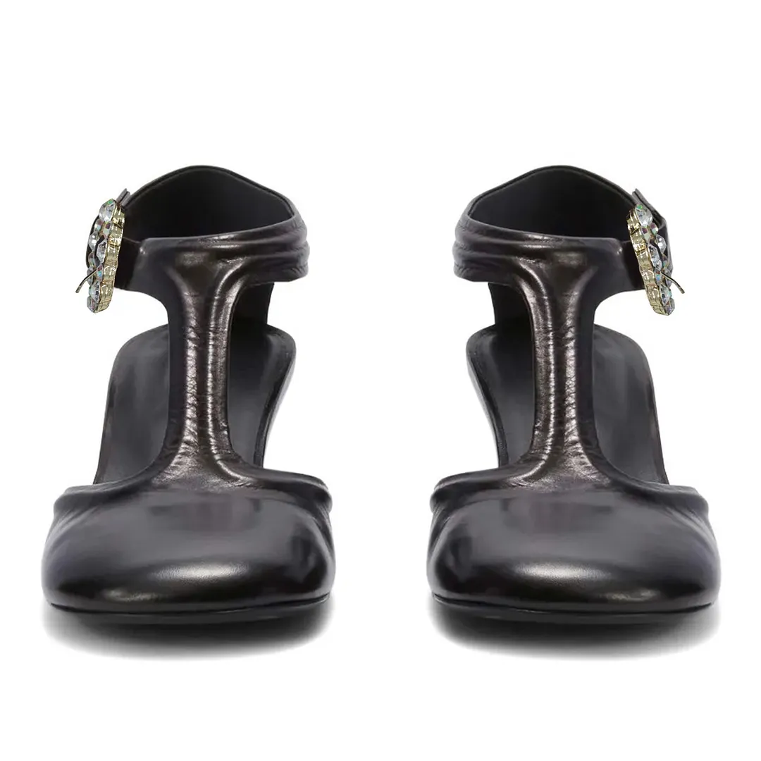 Rhinestone Buckle Low Sculptural Heel T-Strap Black Pumps for Women