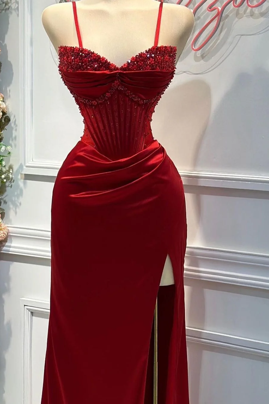 Lvs&Broner Red Spaghetti Strap Sleeveless Beading Long Prom Dress With Split