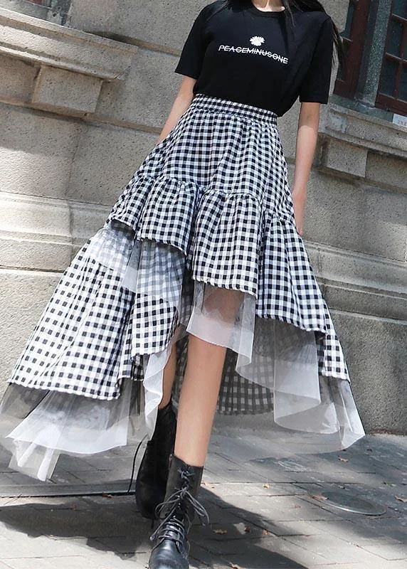 Chic Black White Plaid Ruffles Patchwork Lace Skirt Cozy