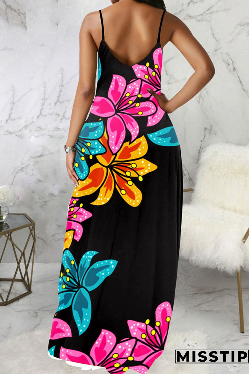 Blue Black Casual Print Patchwork Spaghetti Strap Sling Dress Dresses