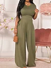 Solid Color Short Sleeve Empire Wide Leg Casaul Two-Piece Suit