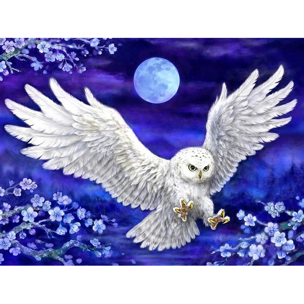 

40*30CM - Round Drill Diamond Painting - White Owl In The Night, 501 Original