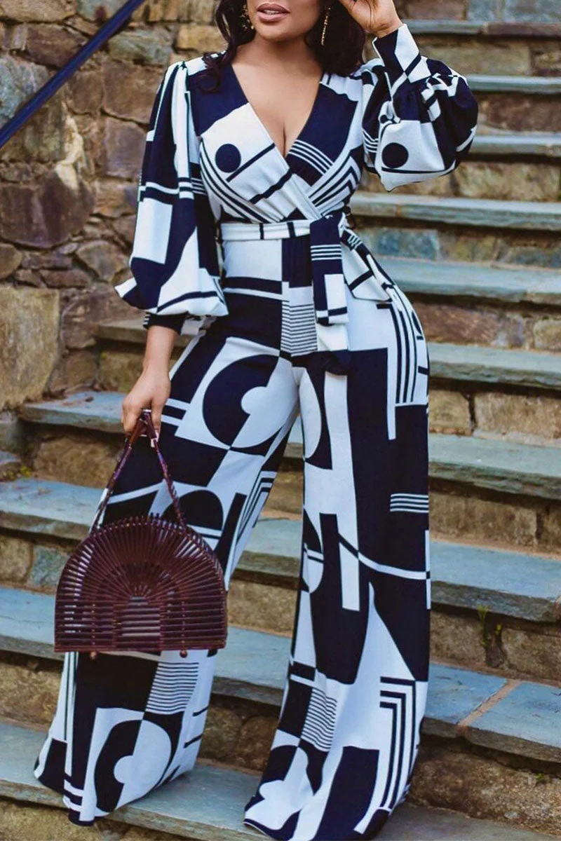 Casual Print Split Joint V Neck Straight Long Sleeve Jumpsuits (Contain The Belt)