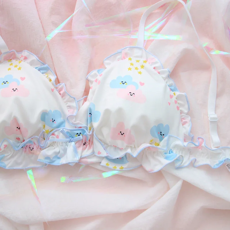 Billionm OJBK Cute Japanese Bra & Panties Set Wirefree Soft Underwear Sleep Intimates Kawaii Lolita Color White Nightwear