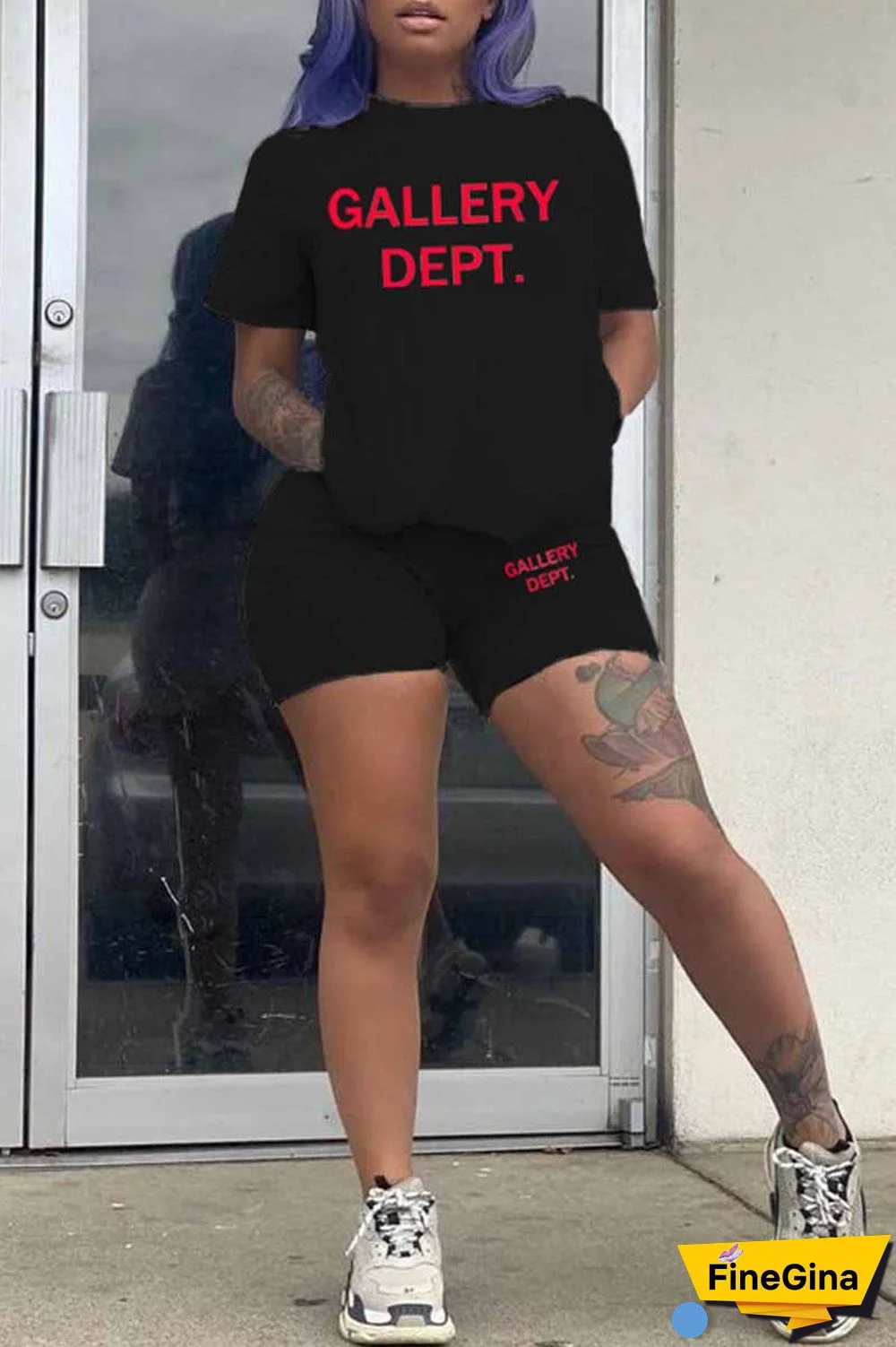 Purple Casual Print Letter O Neck Short Sleeve Two Pieces