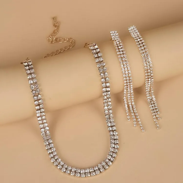Acemysale Full Rhinestone Necklace Macrame Earrings Two-piece Set