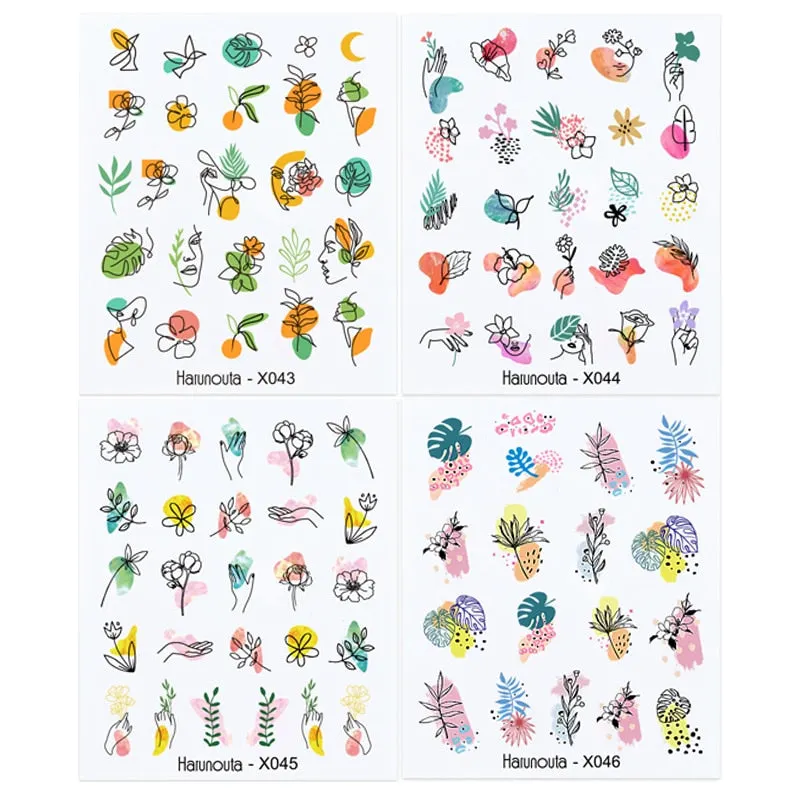Harunouta Sexy Girl Geometric Lines Nail Water Stickers Set Spring Simple Flower Leaves Decals Sliders DIY Nail Art Decoration