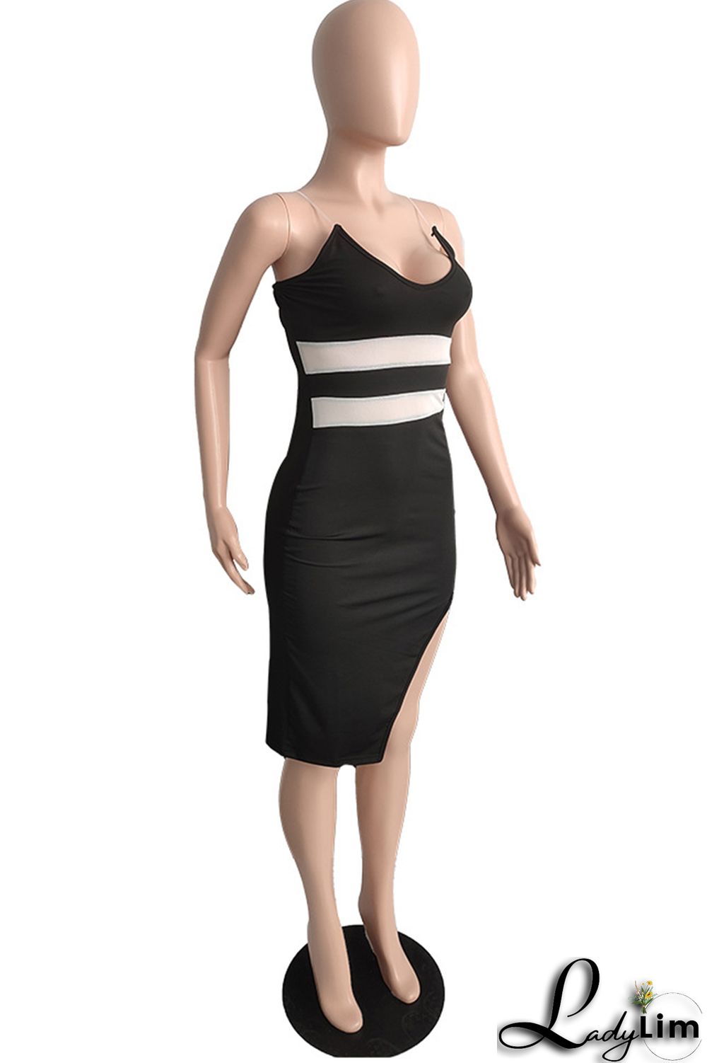 Black Fashion Sexy Solid Patchwork Backless Slit Spaghetti Strap Sleeveless Dress