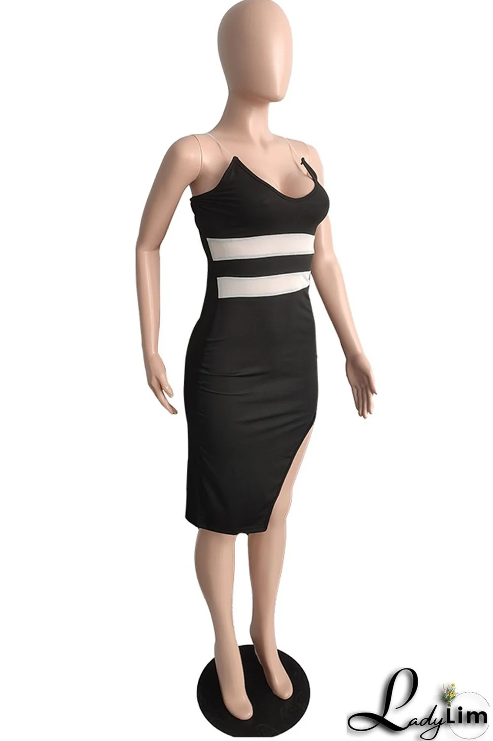 Black Fashion Sexy Solid Patchwork Backless Slit Spaghetti Strap Sleeveless Dress