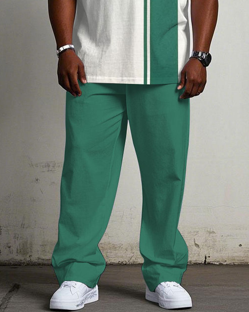 Men's Plus Size White & Blue Colorblock Printed Chest Short-sleeved T-shirt Trousers Suit