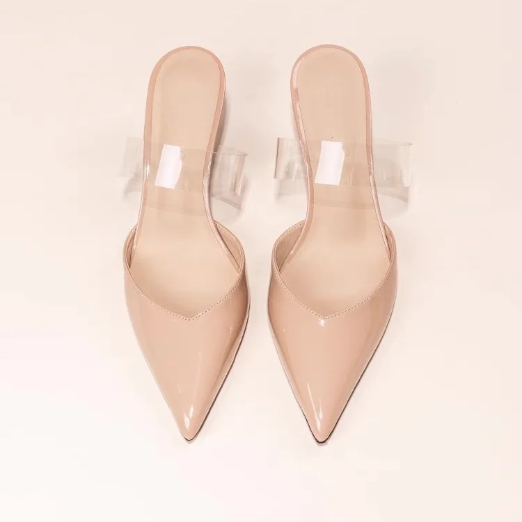 Breakj Breakj New Baotou Light Mouth Patent Transparent With Slippers Women's Sharp Head Thin Half Slippers High Heels