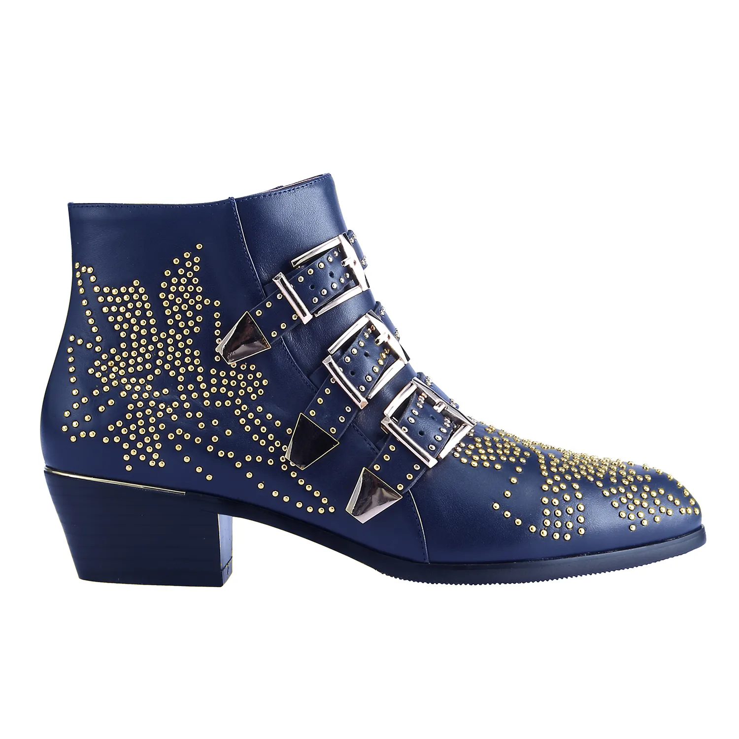 Women's Rivets Metal Buckle Low Heels Ankle Boots Navy Blue Gold-vocosishoes
