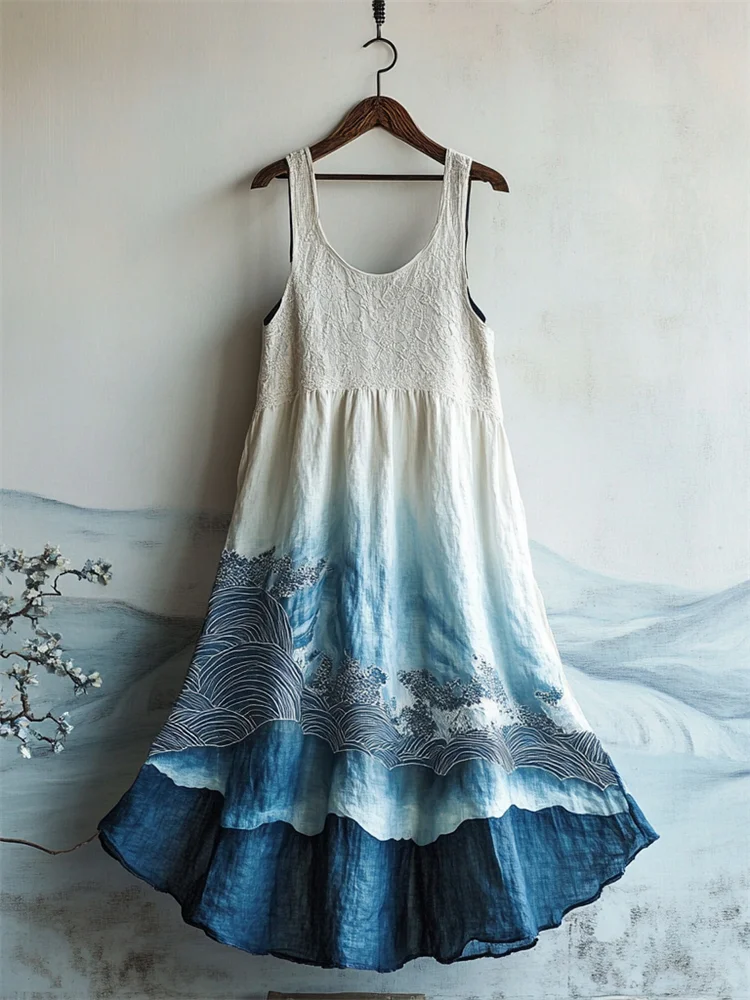 Japanese Sea Waves Art Lace Patchwork Flowy Linen Dress