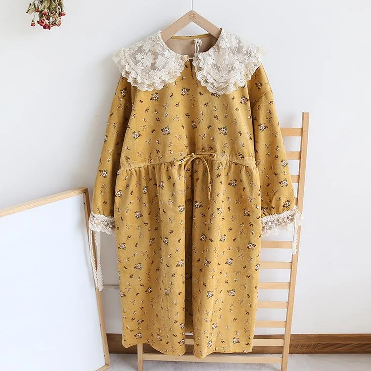 Queenfunky cottagecore style Lace Collar Fleece Lined Floral Dress QueenFunky
