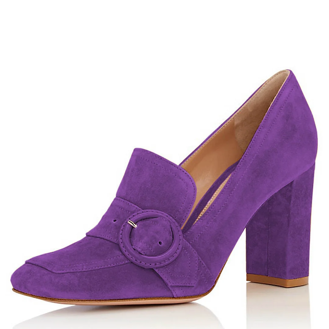 Vegan Suede Square Toe Round Buckle Chunky Heeled Loafers in Purple