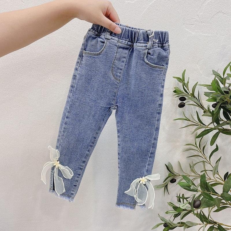 2-7T Jeans For Girls Elegant Bow Cute Denim Pants Sweet Bowknot Stretch Lovely Spring Child Trousers Toddler Kid Baby Steetwear